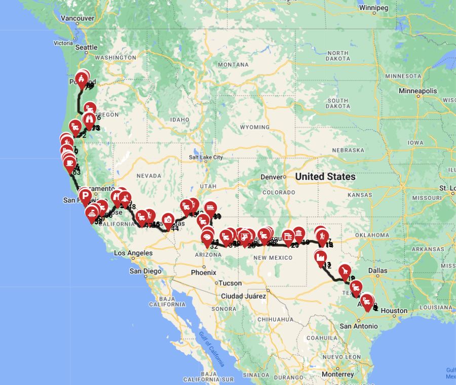 Map for Austin to Portland